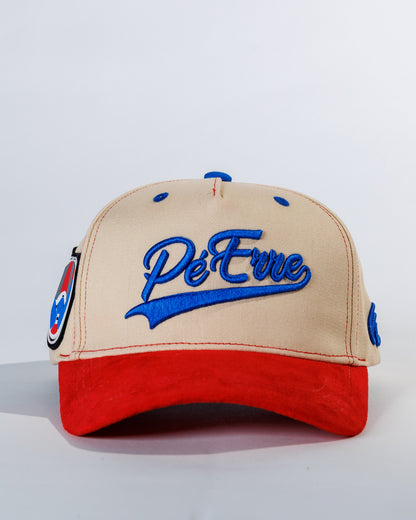 PéErre Cotton/Suede Trucker Cap in Cream/Red