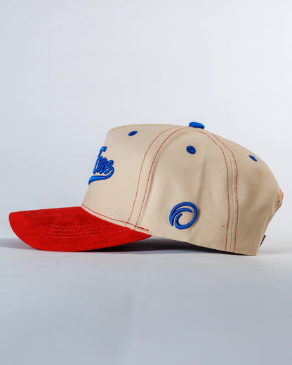 PéErre Cotton/Suede Trucker Cap in Cream/Red