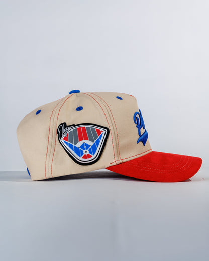 PéErre Cotton/Suede Trucker Cap in Cream/Red