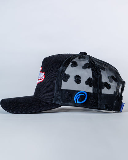 PéErre Corduroy/Mesh Pattern Trucker Cap in Black